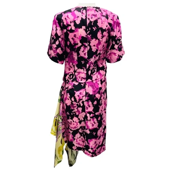DRIES VAN NOTEN PINK / BLACK MULTI PRINTED SILK MIDI DRESS - Picture 3 of 4